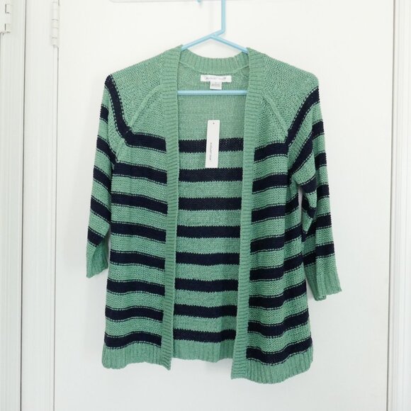 NWT August Silk navy blue + green striped 3/4 sleeve open cardigan sweater sz S - Picture 1 of 4
